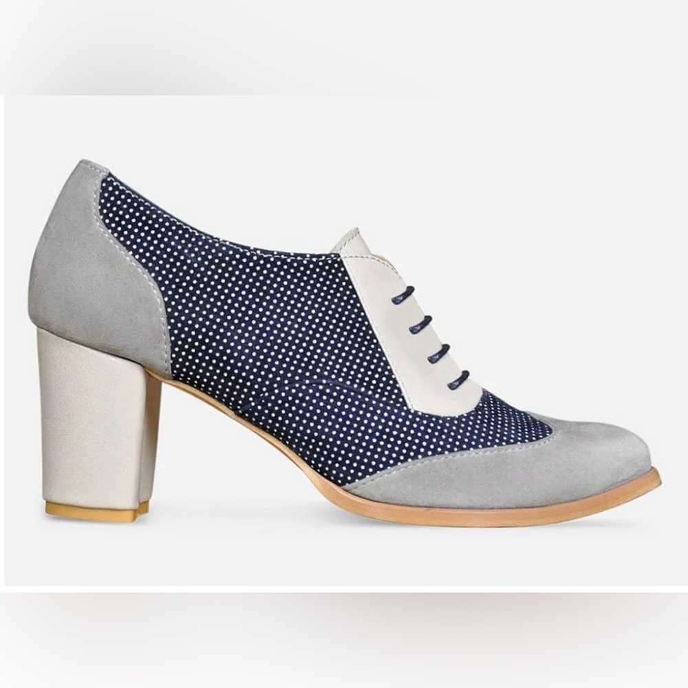Julia Bo Aldgate - Oxford Heels, Navy & Grey Polka Dots, US 9  New!